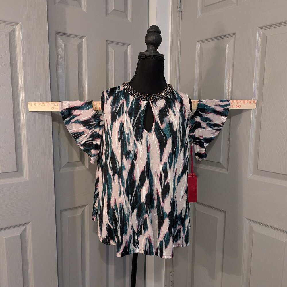 Jennifer Lopez Cold Shoulder Beaded Collar Top